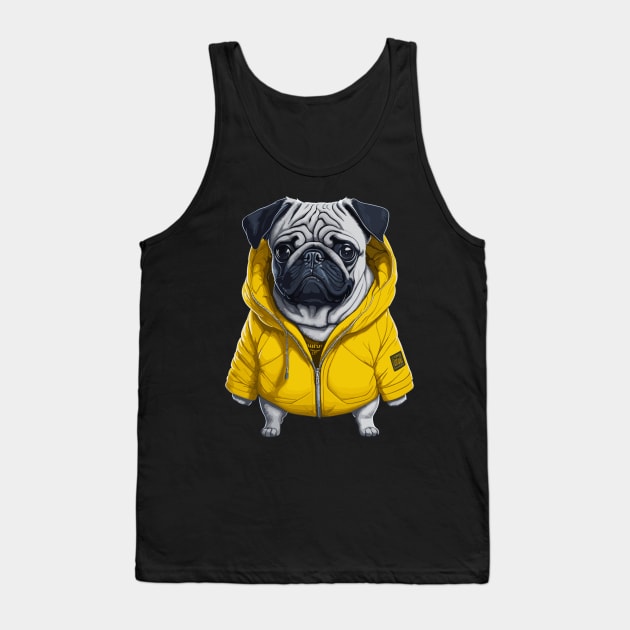 Funny Pug Dog Wearing a Yellow Jacket Tank Top by StarMa